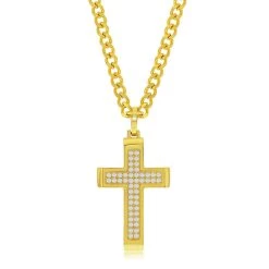 Outlet 🎁 Blackjack men Stainless Steel Polsihed CZ Cross Necklace - Gold Plated 🔥