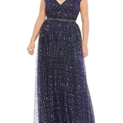 Outlet 😍 Mac Duggal Plus 👩 Womens Embellished V-Neck Evening 👗 Dress ⭐