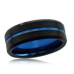 Top 10 🤩 Blackjack men Matte Black & Polished Blue Stripe Tungsten Ring 👏