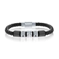 Best Pirce 🌟 Blackjack men Black & Silver Stainless Steel w/ Black CZ Genuine Leather Bracelet 😍