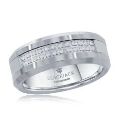 Best Sale ๐ Blackjack men Brushed and Polished Double Row CZ Silver Tungsten Ring ๐ฅ