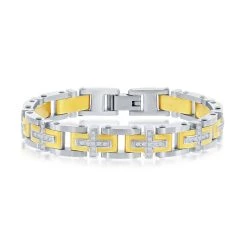 Buy 🎁 Blackjack men Stainless Steel Gold & Silver CZ Cross Link Bracelet ✔️