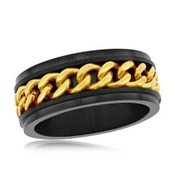 New ๐ Blackjack men Stainless Steel Gold Curb Link Ring - Black Plated โญ