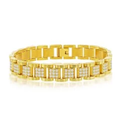 Top 10 👍 Blackjack men Stainless Steel CZ Square Link Bracelet - Gold Plated ✨