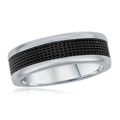 Best deal ๐ Blackjack men Stainless Steel Black Mesh Inlay Polished Band Ring ๐งจ