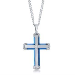 Deals 🎉 Blackjack men Stainless Steel Blue & Silver CZ Cross Necklace 💯