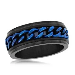 Coupon 😀 Blackjack men Stainless Steel Black w/ Blue Cuban Link Ring 🔥
