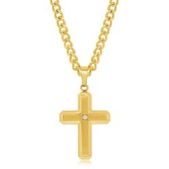 Coupon 🛒 Blackjack men Stainless Steel Brushed & Polished w/ Single CZ Cross Necklace - Gold Plated 🎁