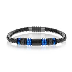 Outlet 🎉 Blackjack men Blue Stainless Steel w/ Black Carbon Fiber Genuine Leather Bracelet 🌟